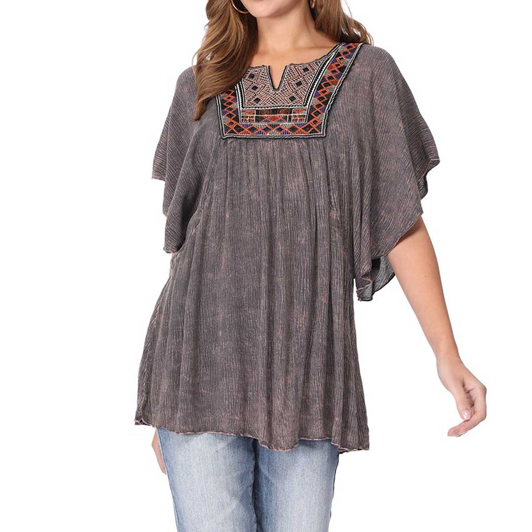T-Party Women's Mineral Wash Embroidered Top - Grey