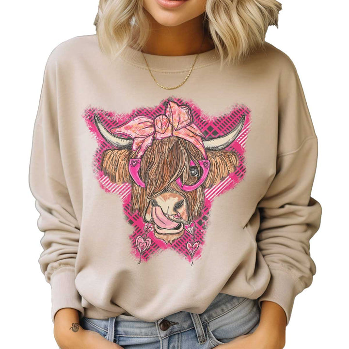 Amy Anne Apparel Women's Valentine Highland Cow Crew Neck Sweatshirt