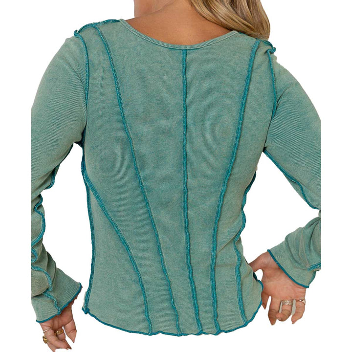 Pol Clothing Women's V-Neck Ribbed Knit Top - Teal