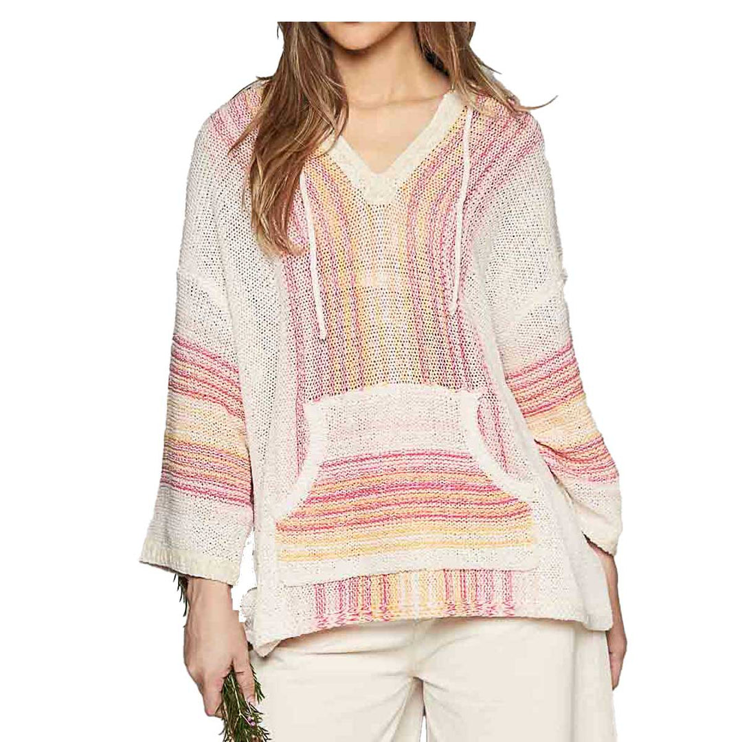 Pol Clothing Women's V-Neck Hooded Sweater - Natural Multi