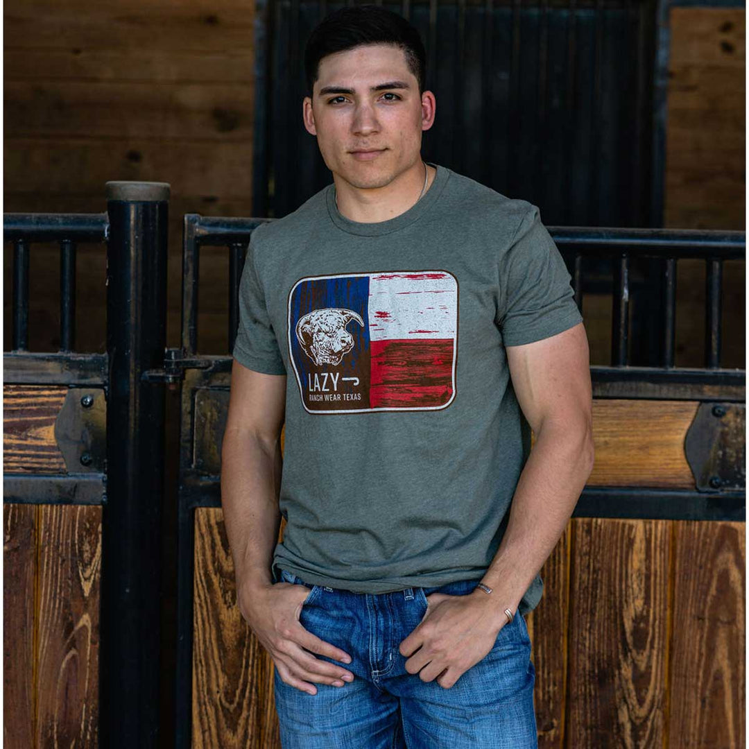 Lazy J Ranch Wear Hereford Bull Texas Flag Short Sleeve T-Shirt - Heather Green