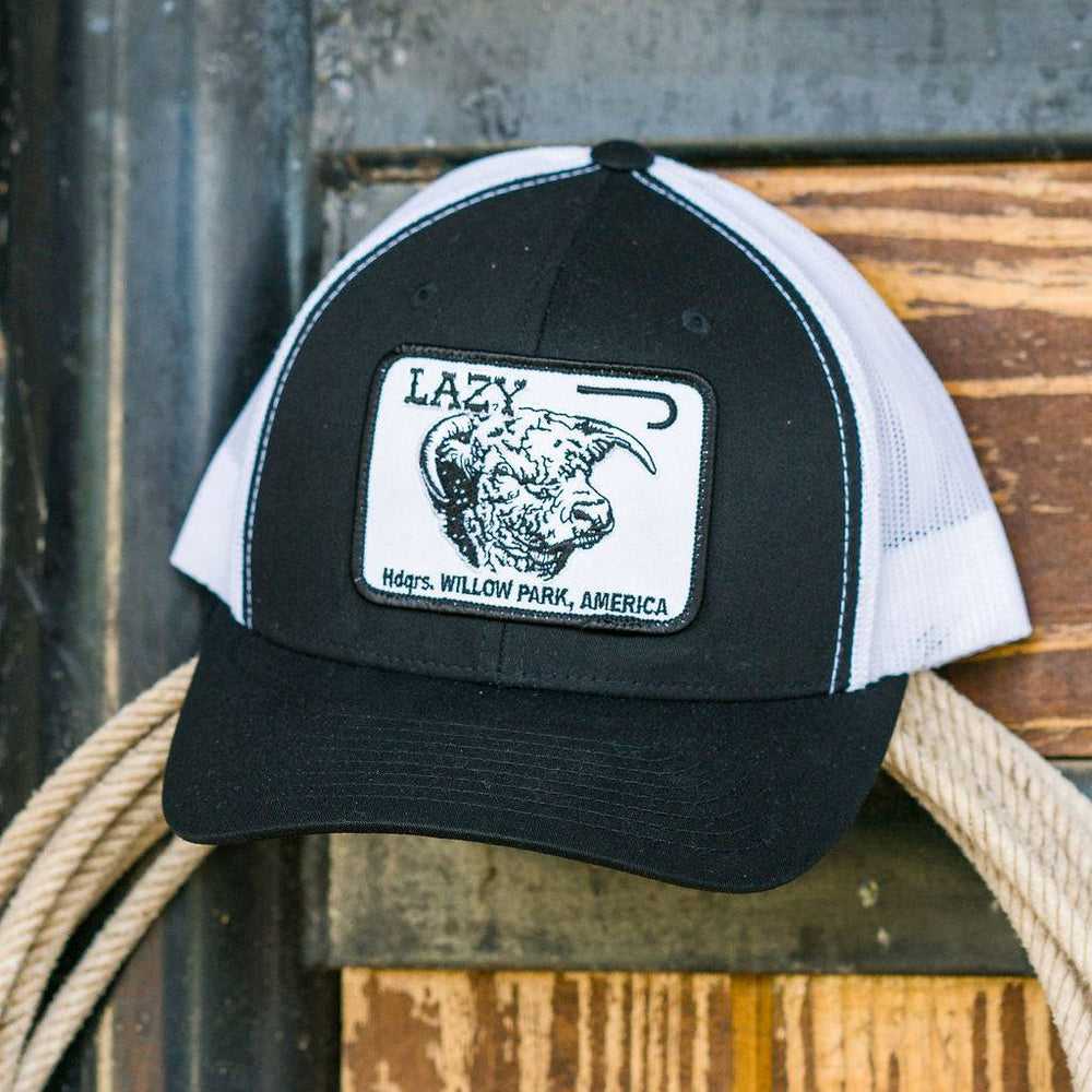 
                  
                    Lazy J Ranch Black & White Willow Cattle Headquarters Mid Profile Trucker Hat-Lazy J Ranch Wear
                  
                