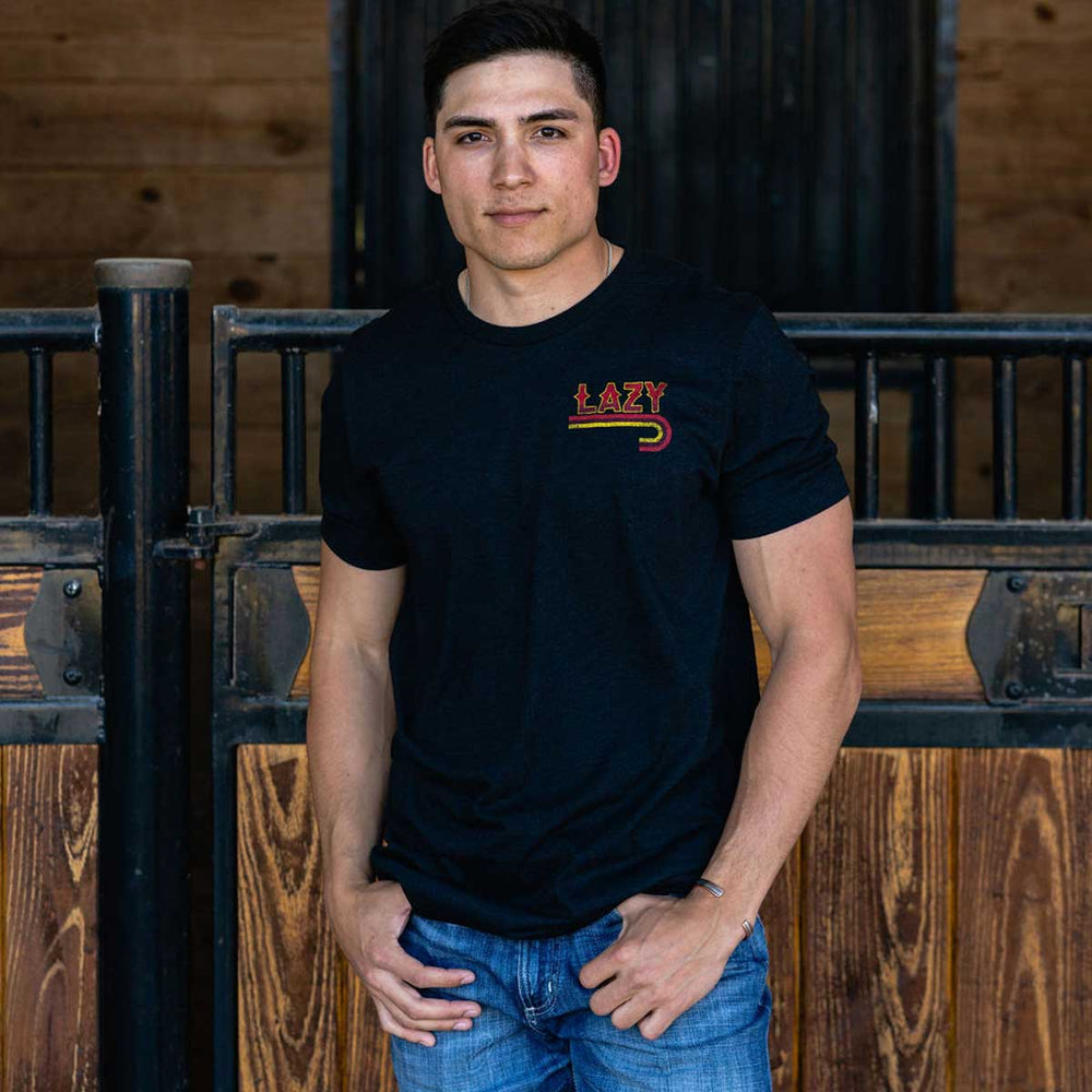 
                      
                        Lazy J Ranch Fire J Logo Short Sleeve Heather Black T-Shirt
                      
                    