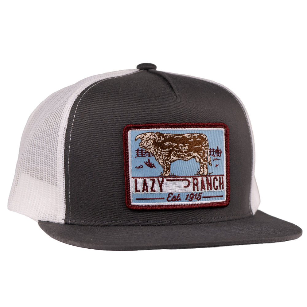 Lazy J Ranch Grey White Bull Trap Patch Classic Five Panel Trucker Hat