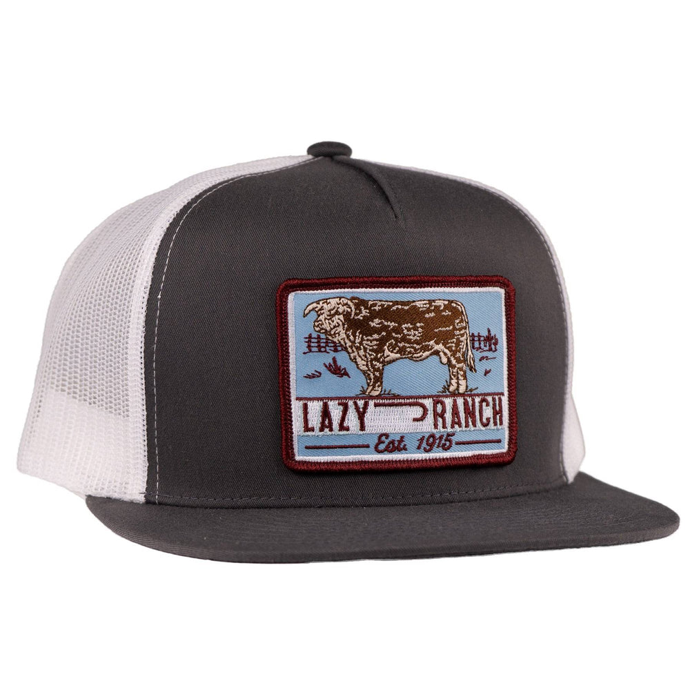 
                      
                        Lazy J Ranch Grey White Bull Trap Patch Classic Five Panel Trucker Hat-GRYWHT4-BT-BLU
                      
                    