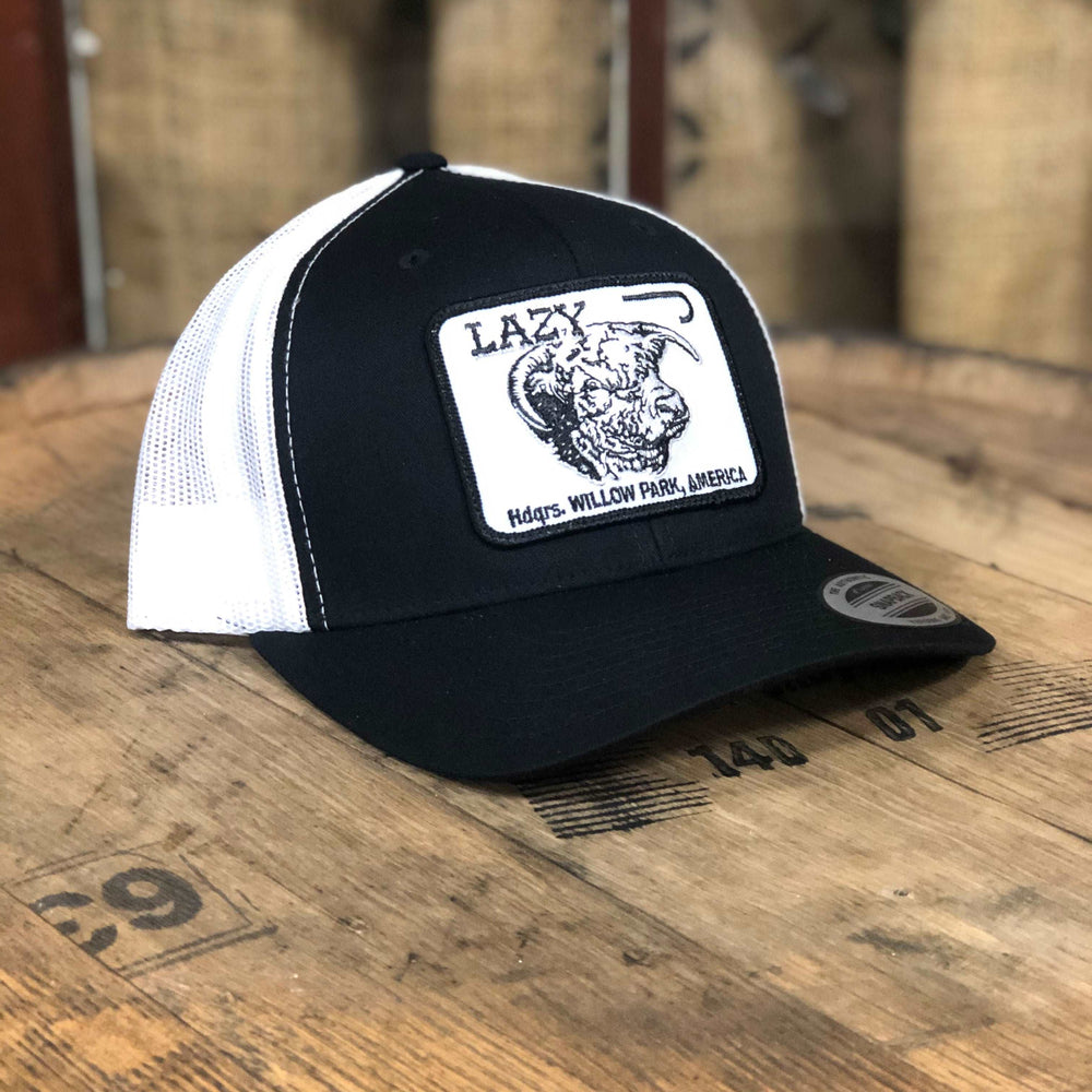 
                  
                    Lazy J Ranch Black & White Willow Cattle Headquarters Mid Profile Trucker Hat-Lazy J Ranch Wear
                  
                