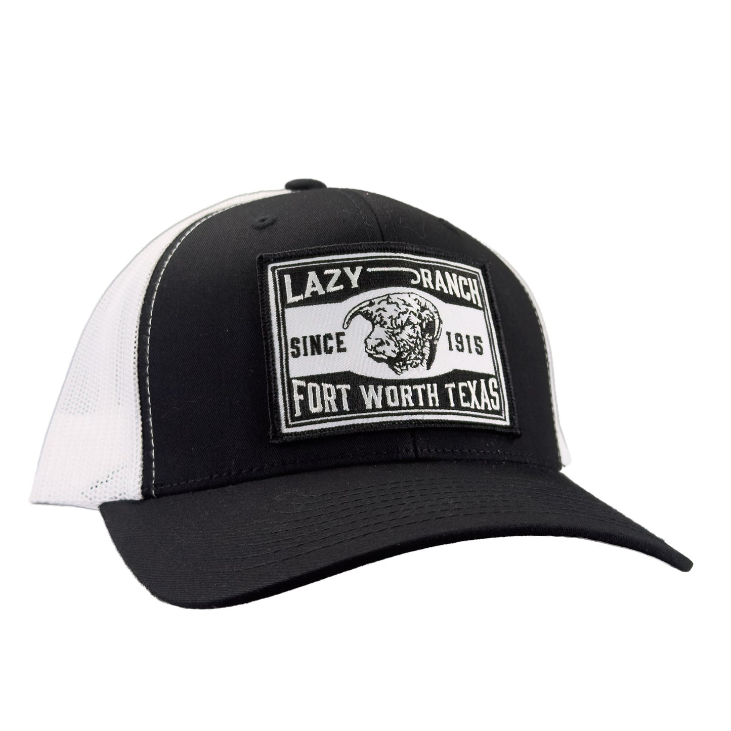 Lazy J Ranch Black & White Mid Profile Trucker Hat - Multiple Patches-BLKWHT1-FTW-Lazy J Ranch Wear