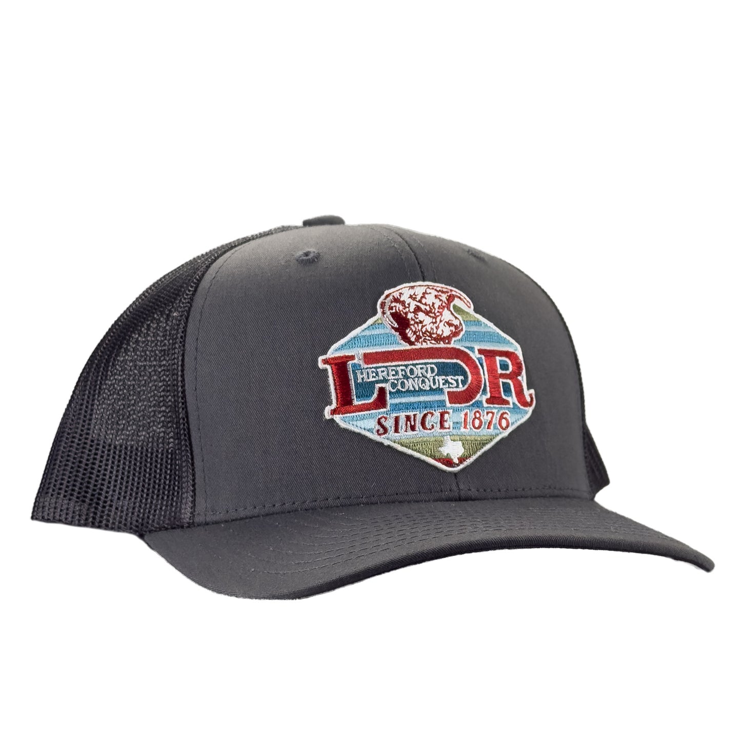 Lazy J Ranch Grey Mid Profile Trucker Hat - Multiple Patches-GRYGRY1-CQ-Lazy J Ranch Wear