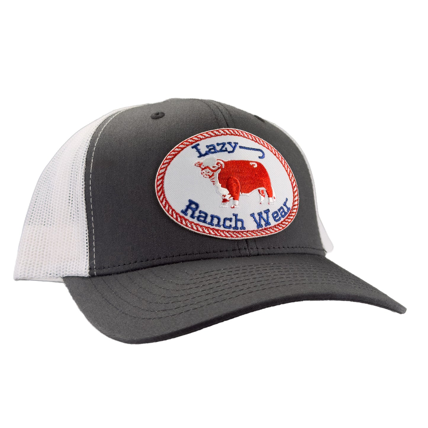 Lazy J Ranch Grey & White Mid Profile Trucker Hat - Multiple Patches-GRYWHT1-RWB-Lazy J Ranch Wear