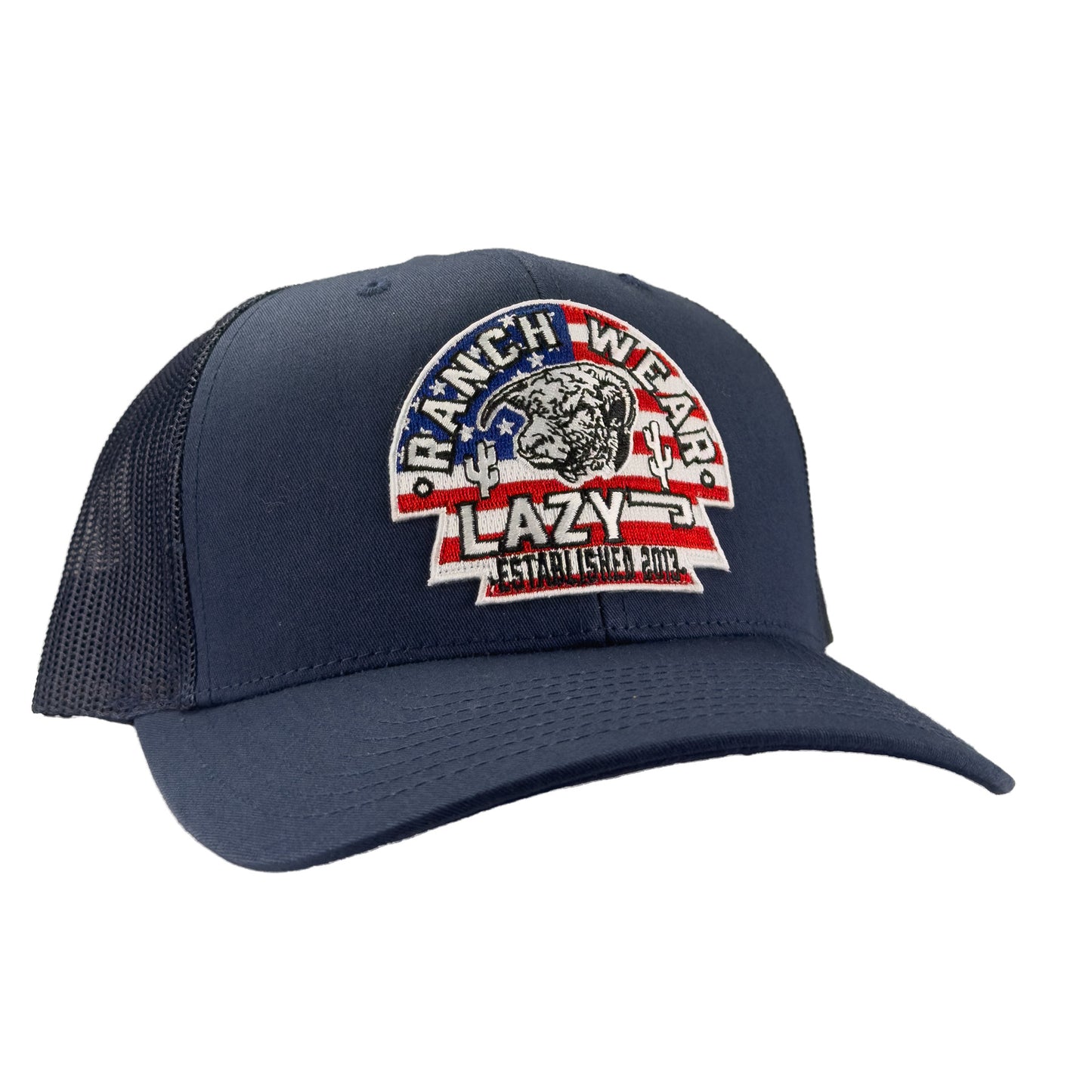 Lazy J Ranch Navy Mid Profile Trucker Hat - Multiple Patches-NVYNVY1-USA-Lazy J Ranch Wear