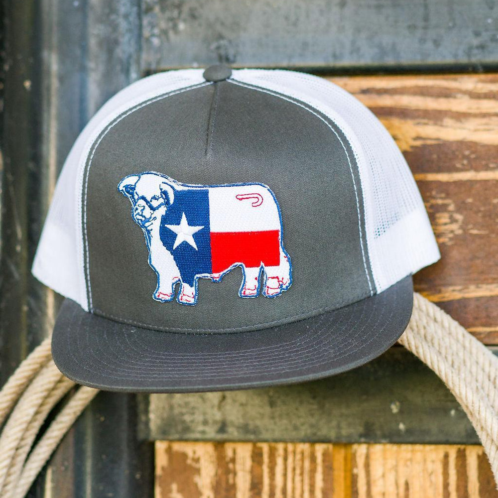 
                  
                    Lazy J Ranch Charcoal Grey & White Texas Flag Bull Classic Five Panel Trucker Hat-Lazy J Ranch Wear
                  
                