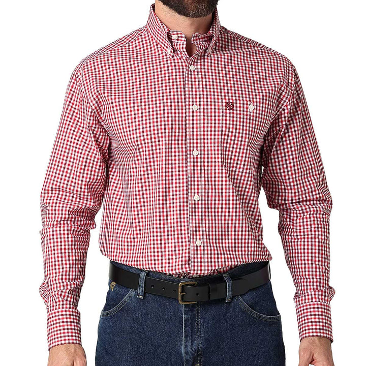 Wrangler Men's George Strait Button Down Long Sleeve Shirt - Picnic Red Plaid