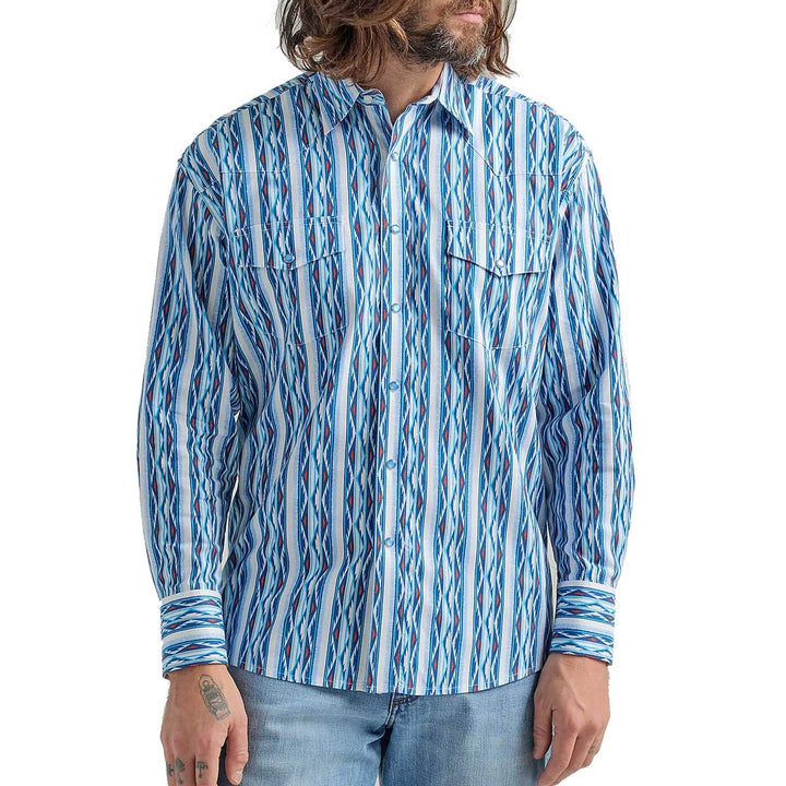 Wrangler Men's Checotah Snap Printed Long Sleeve Shirt - Sea Blue
