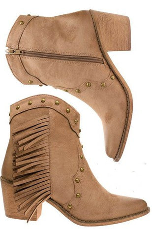 Miami Shoe Women's Studded Bootie with Fringe - Taupe