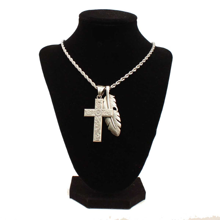 M & F Western Products Silver Cross Feather Necklace
