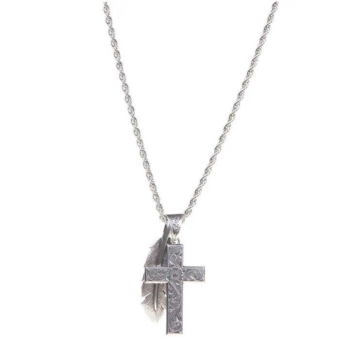 M & F Western Products Silver Cross Feather Necklace