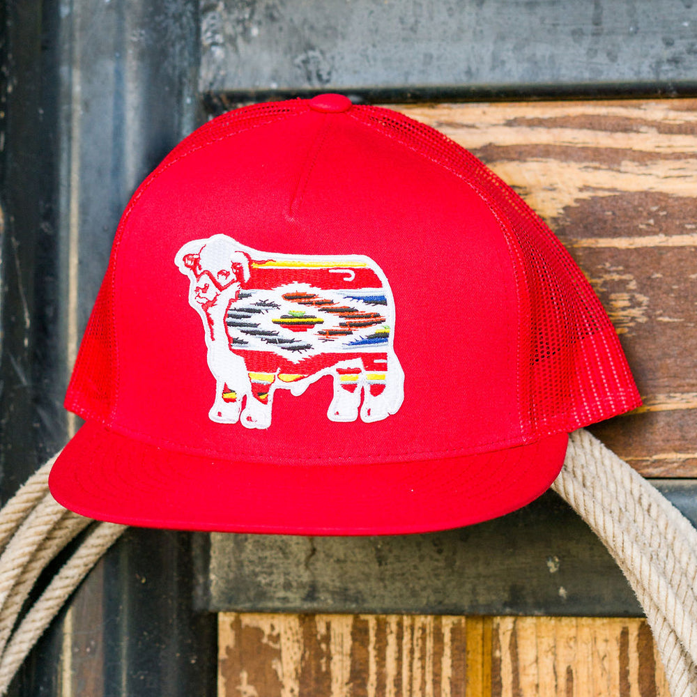 
                      
                        Lazy J Ranch Red Serape Bull Classic Five Panel Trucker Hat
                      
                    