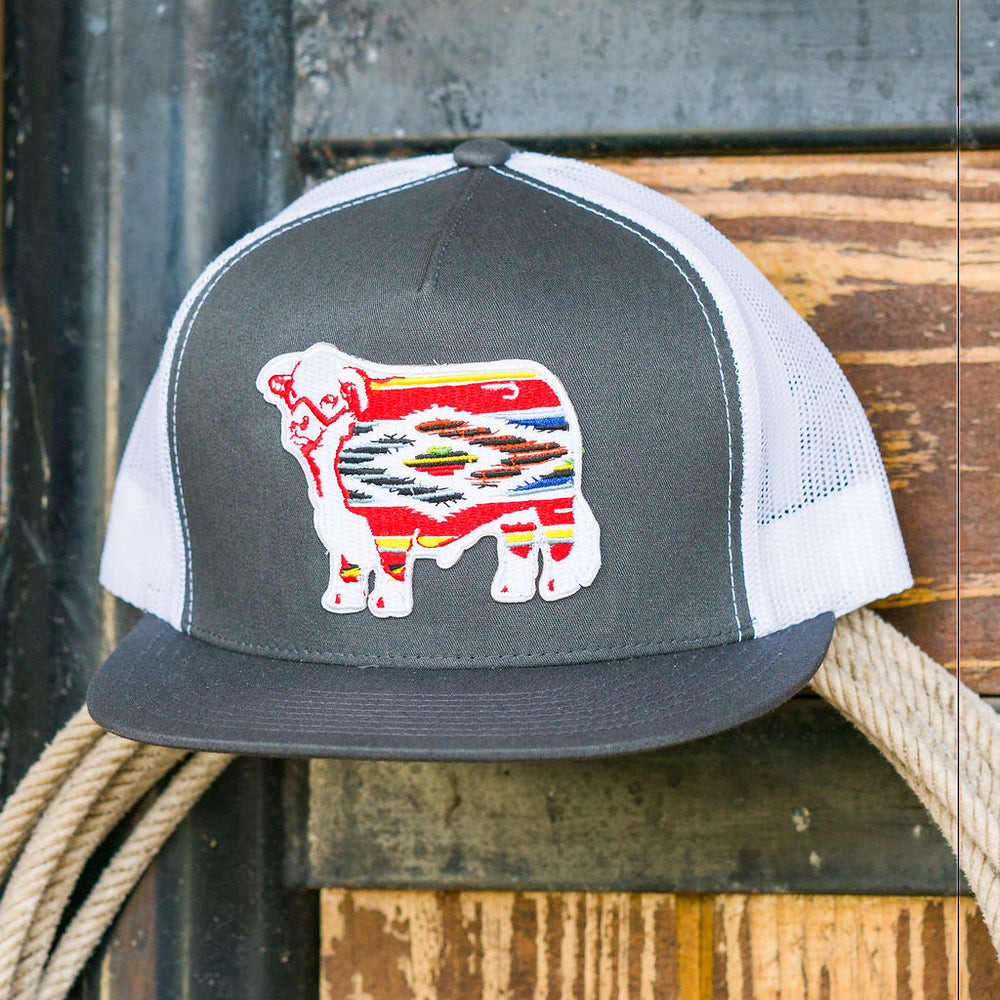 
                      
                        Lazy J Ranch Grey & White Serape Bull Classic Five Panel Trucker Hat
                      
                    