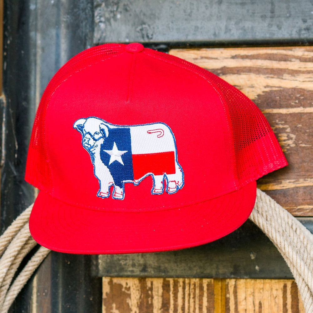 
                      
                        Lazy J Ranch Red Texas Flag Bull Classic Five Panel Trucker Hat
                      
                    