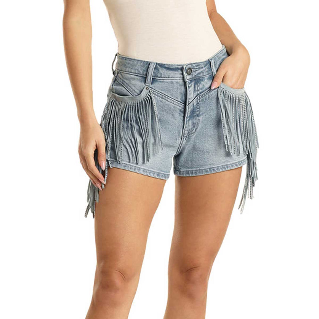 Rock & Roll Cowgirl Women's High Rise Fringed Denim Shorts