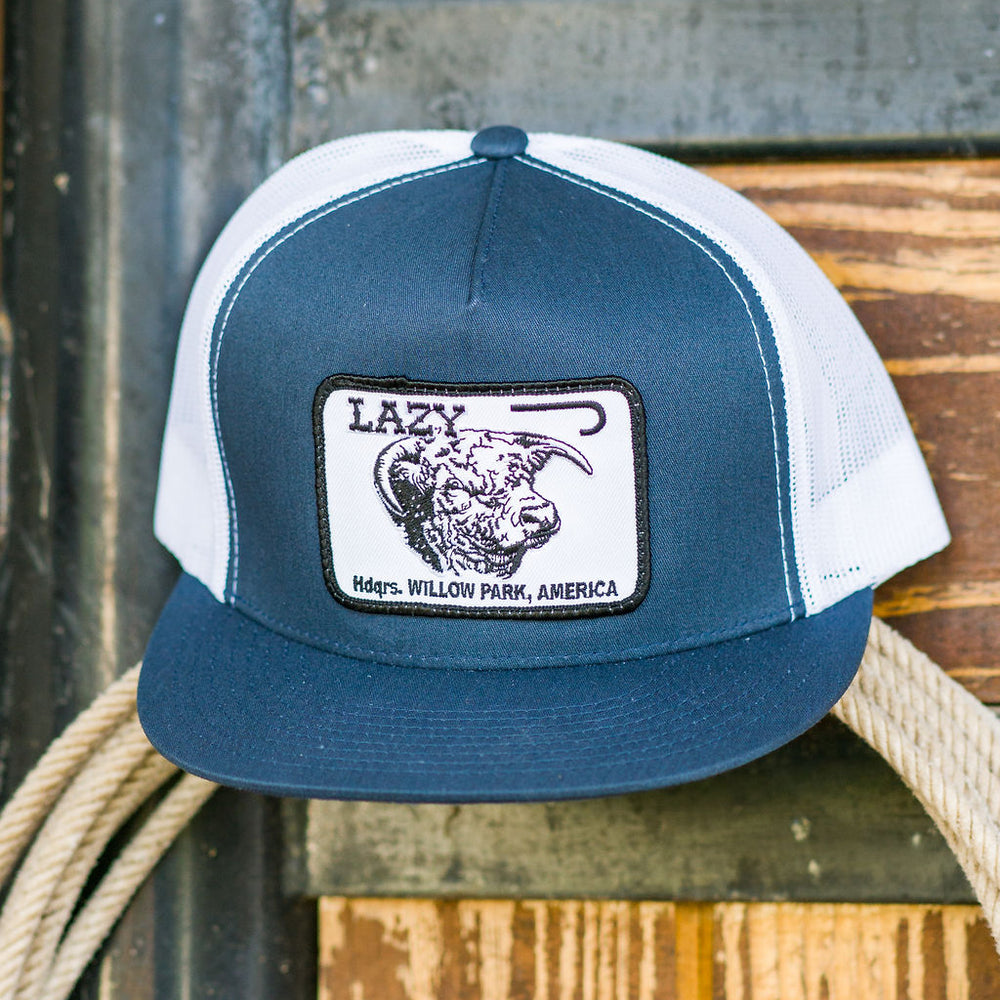 
                      
                        Lazy J Ranch Navy & White Cattle Headquarters Classic Five Panel Trucker Hat
                      
                    