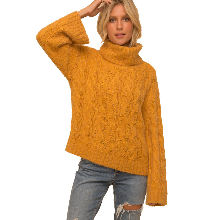 Hem & Thread Women's Soft Yard Turtleneck Cable Sweater - Mustard