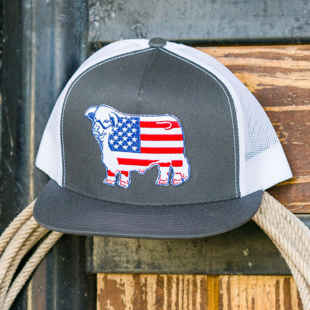 
                      
                        Lazy J Ranch Grey & White American Flag Bull Classic Five Panel Trucker Hat
                      
                    