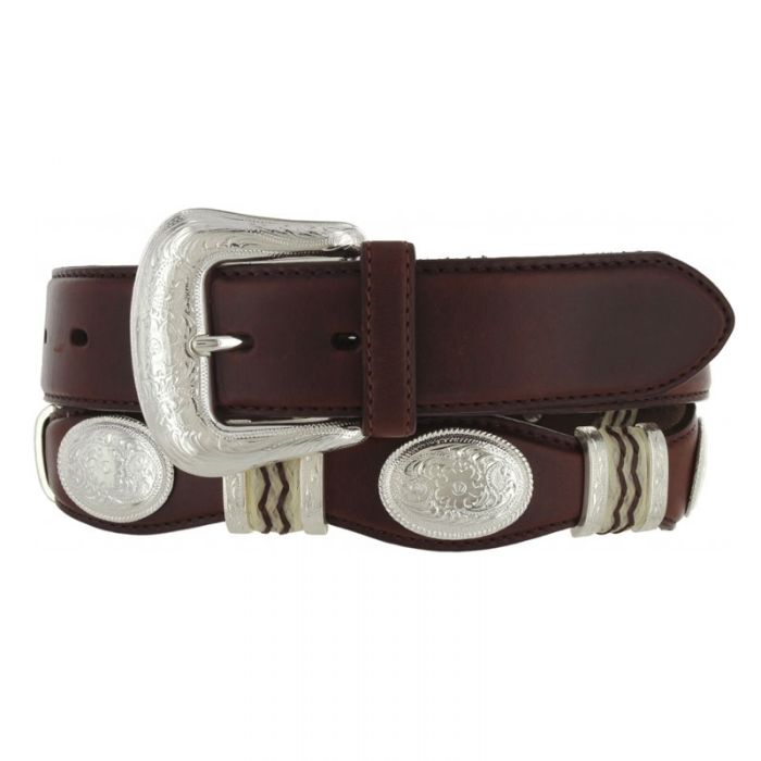 Tony Lama Cutting Champ Scallop Western Leather Mans Belt Brown with Concho - Lazy J Ranch Wear
