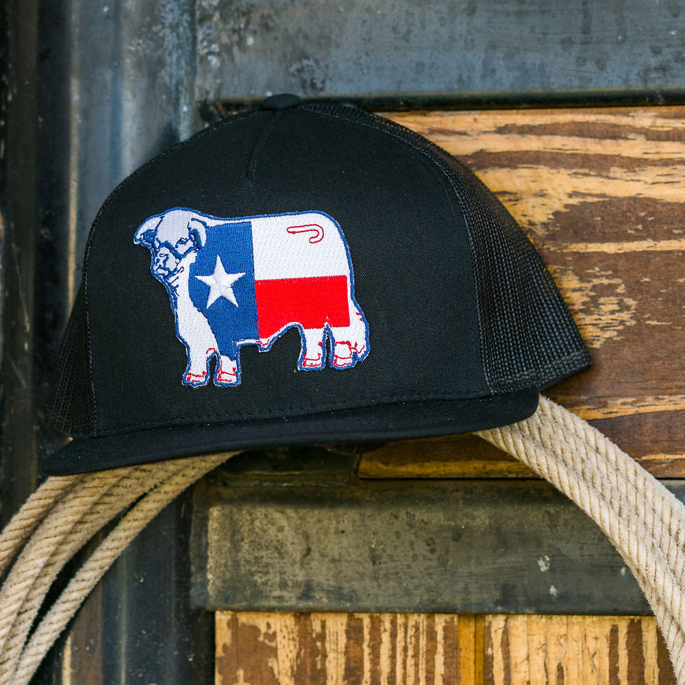 
                      
                        Lazy J Ranch Black Texas Flag Bull Classic Five Panel Trucker Hat
                      
                    