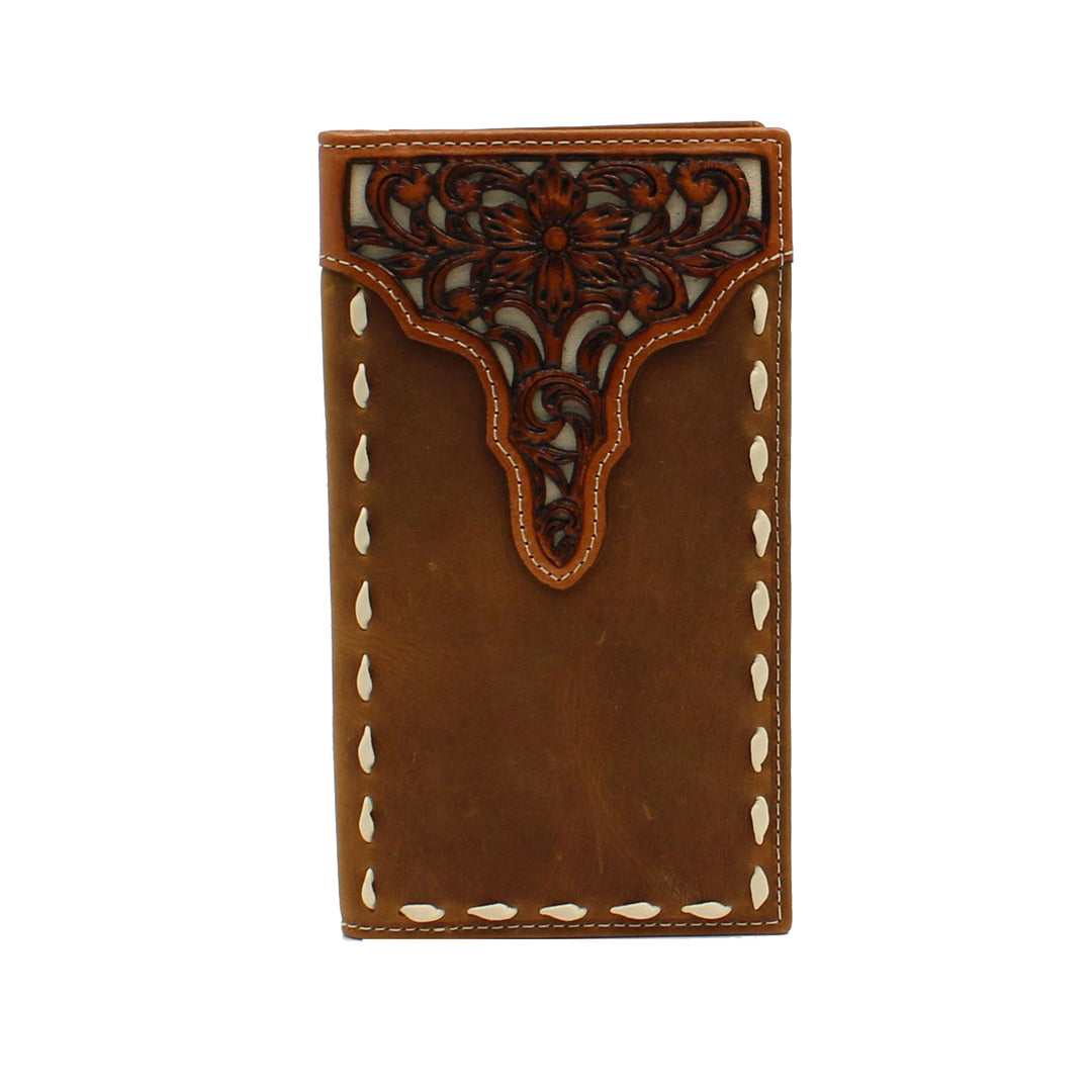 Ariat Men's Rodeo Leather Floral Tooled Buckstitch Wallet - Medium Brown