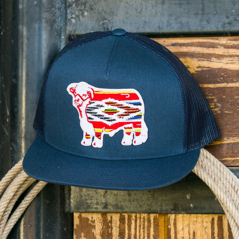 
                      
                        Lazy J Ranch Navy Serape Bull Classic Five Panel Trucker Hat
                      
                    