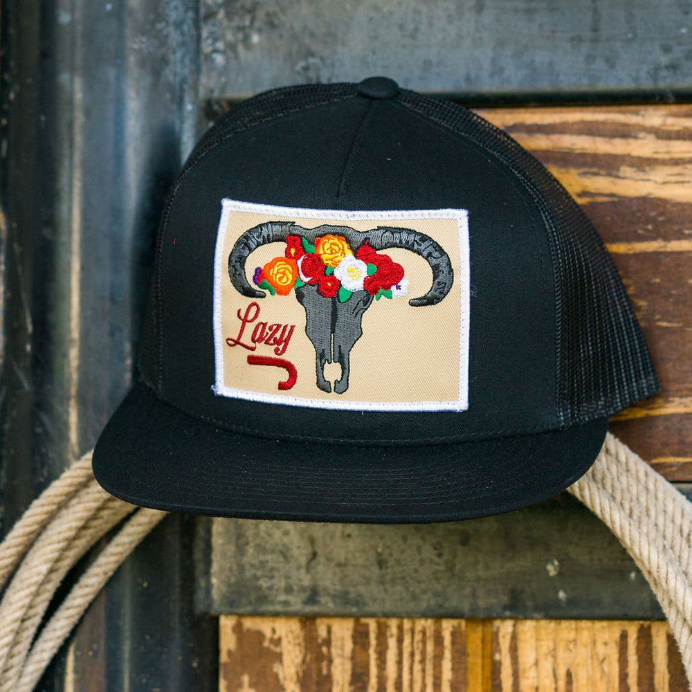 
                      
                        Lazy J Ranch Black Skull & Flowers Classic Five Panel Trucker Hat
                      
                    