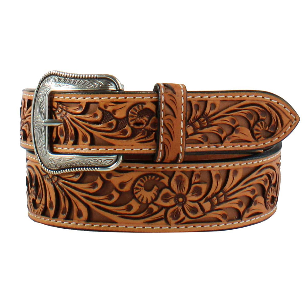 M & F Western Men's 3D Hand Tooled Filagree Floral Leather Belt