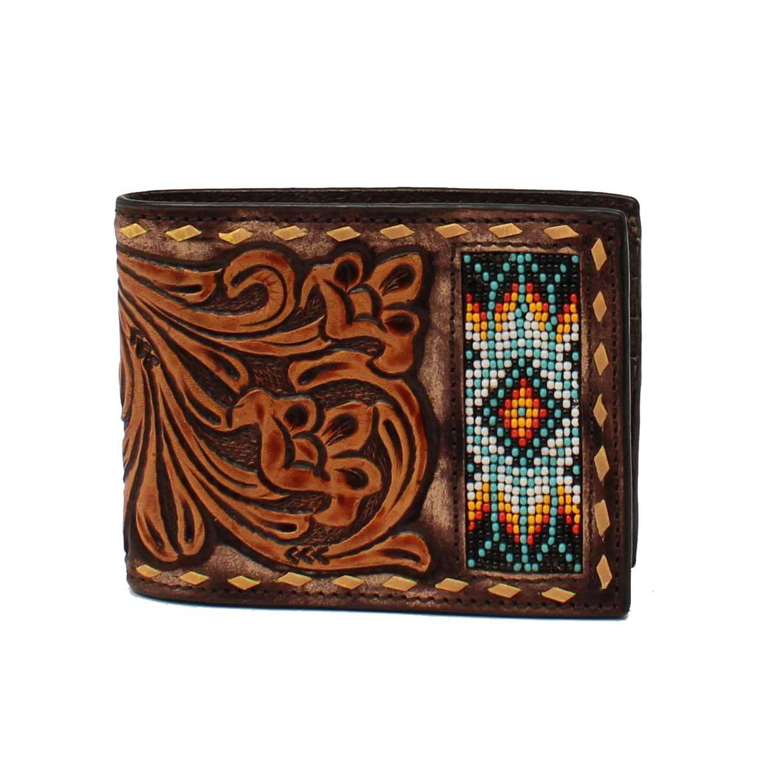 M & F Western Men's 3D Leather Tooled & Beaded Bifold Wallet