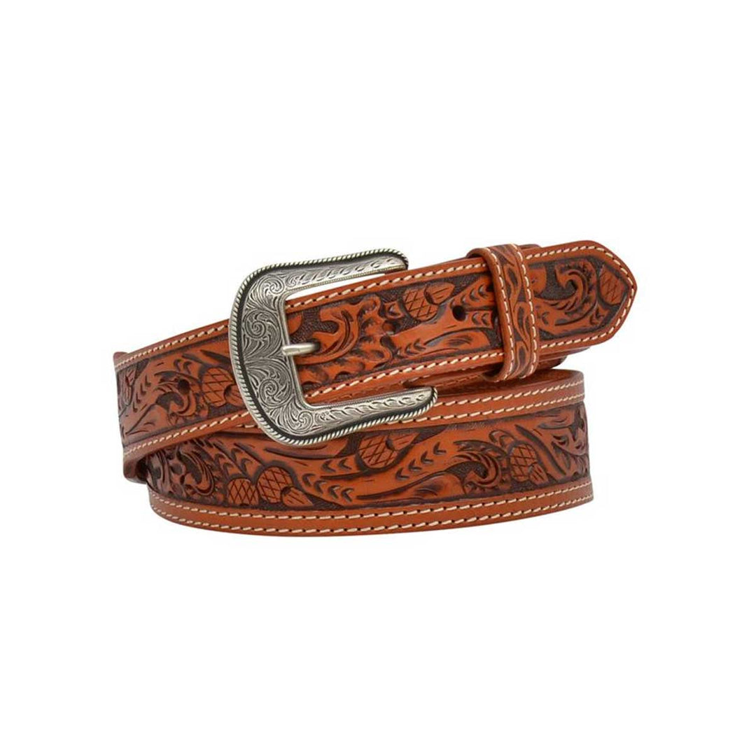 M & F Western Natural Acorn Hand Tooled Leather Belt