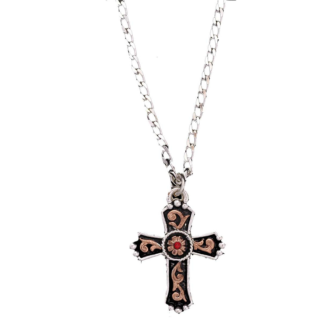 M & F Western Silver Gold Red Crystal Cross Necklace