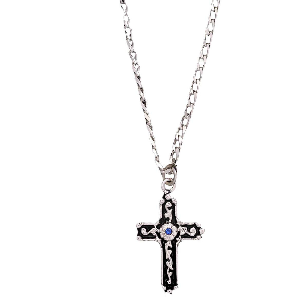 M & F Western Men's Silver Cross Blue Stone Necklace