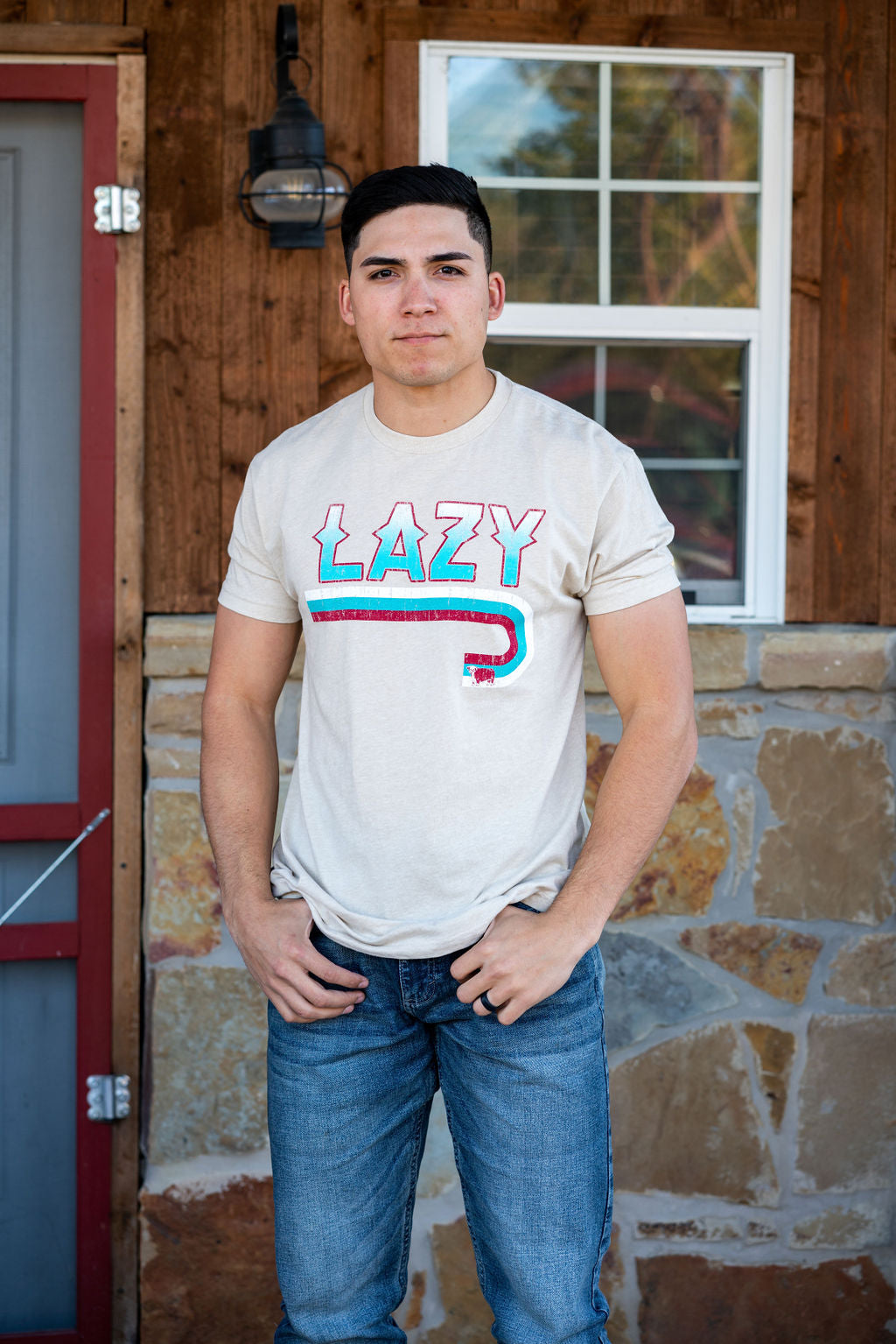 Lazy J Ranch Wear Fire J Logo Short Sleeve T-Shirt - Cream