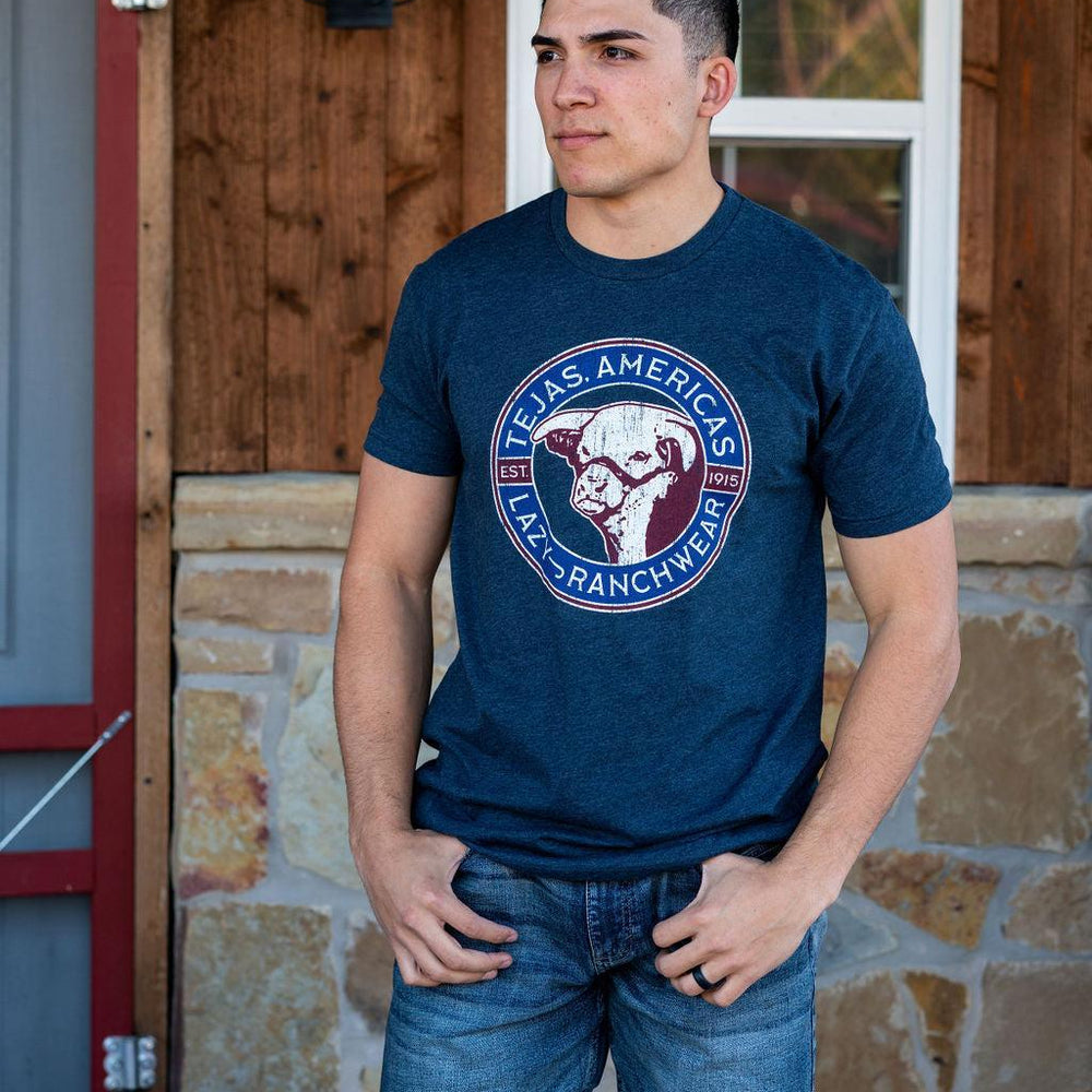 
                  
                    Lazy J Ranch Tejas Americas Short Sleeve T-Shirt - Heather Navy-Lazy J Ranch Wear
                  
                