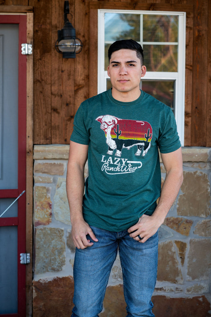 Lazy J Ranch Wear Sunrise Cactus Bull Short Sleeve T-Shirt - Heather Forest Green