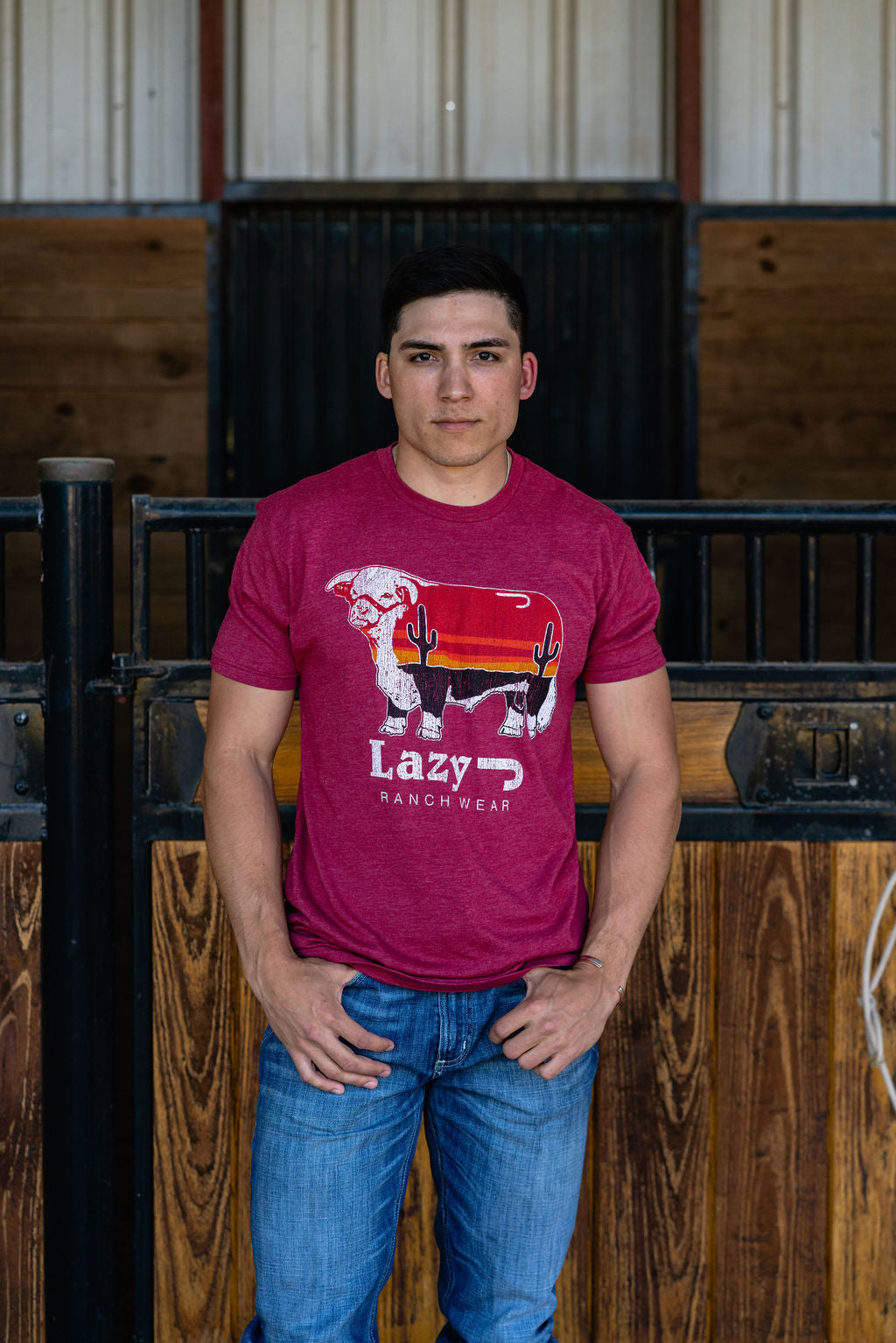 Lazy J Ranch Wear Sunrise Cactus Bull Short Sleeve T-Shirt -  Cardinal Red