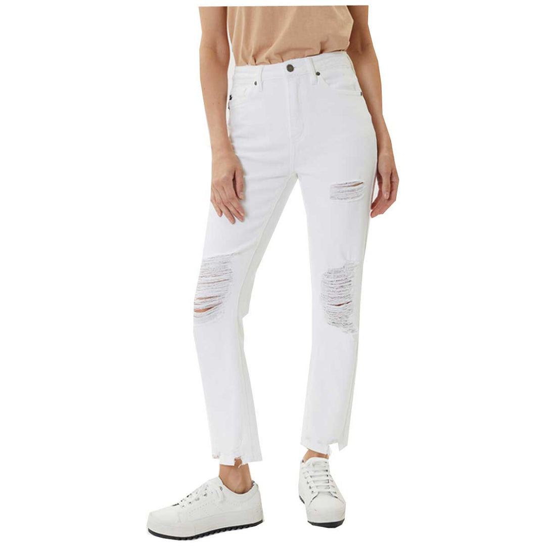 KanCan Women's High Rise Distressed Slim Straight Jeans - White