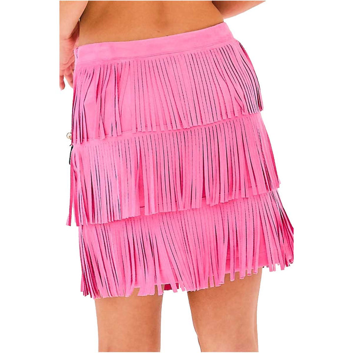 Main Strip Women's Side Zipper Tier Fringe Suede Mini Skirt