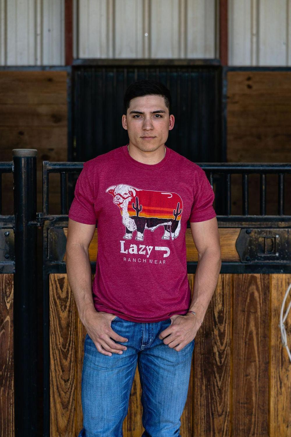 Lazy J Ranch Sunrise Bull Short Sleeve T-Shirt - Red-