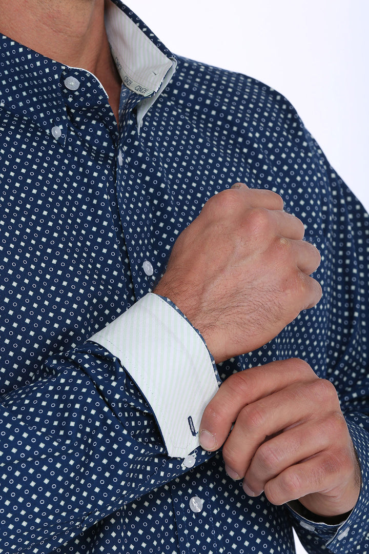 Cinch Men's Button Down Long Sleeve Shirt - Royal Blue White Dot Print