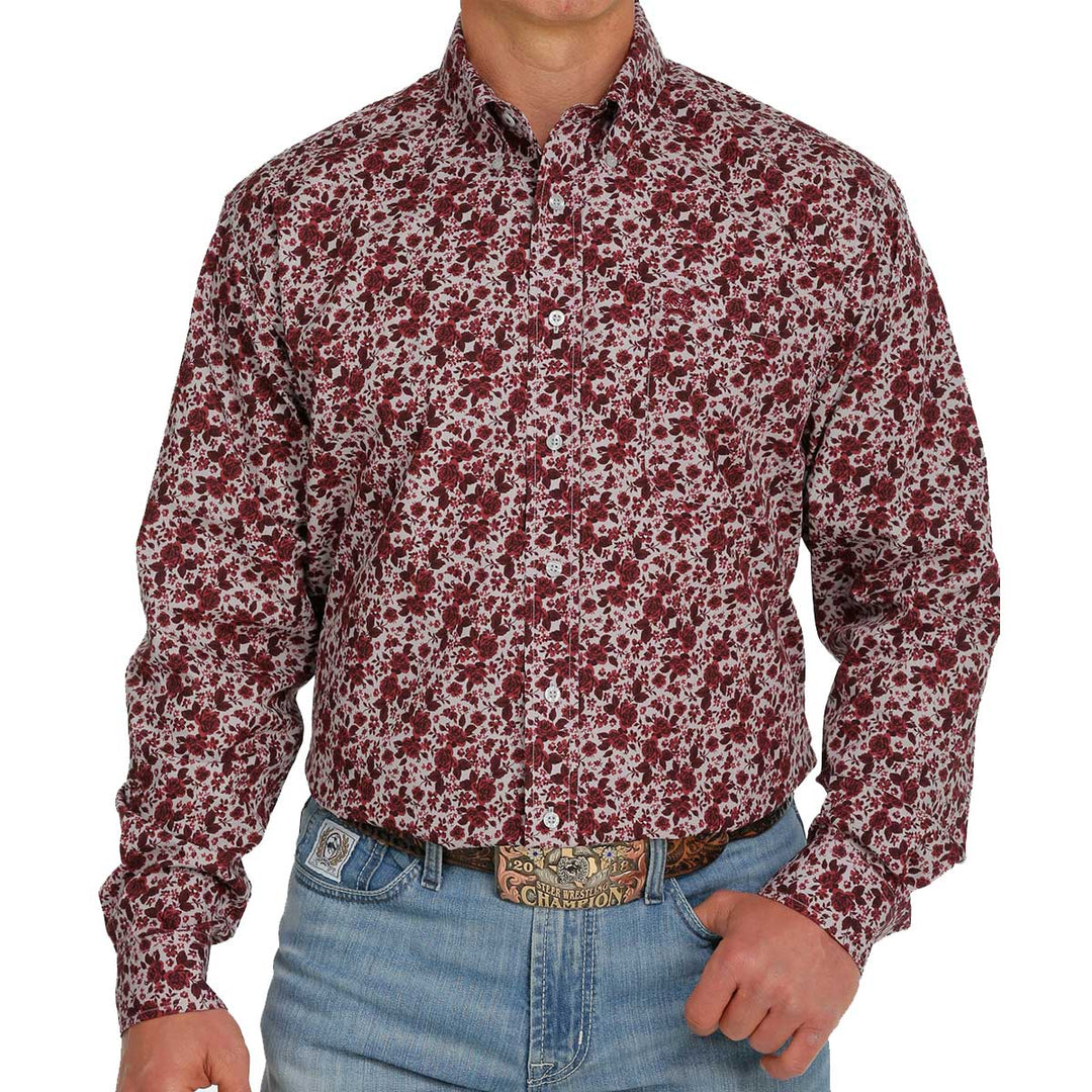 Cinch Men's Rose Print Button-Down Long Sleeve Shirt - Red Grey