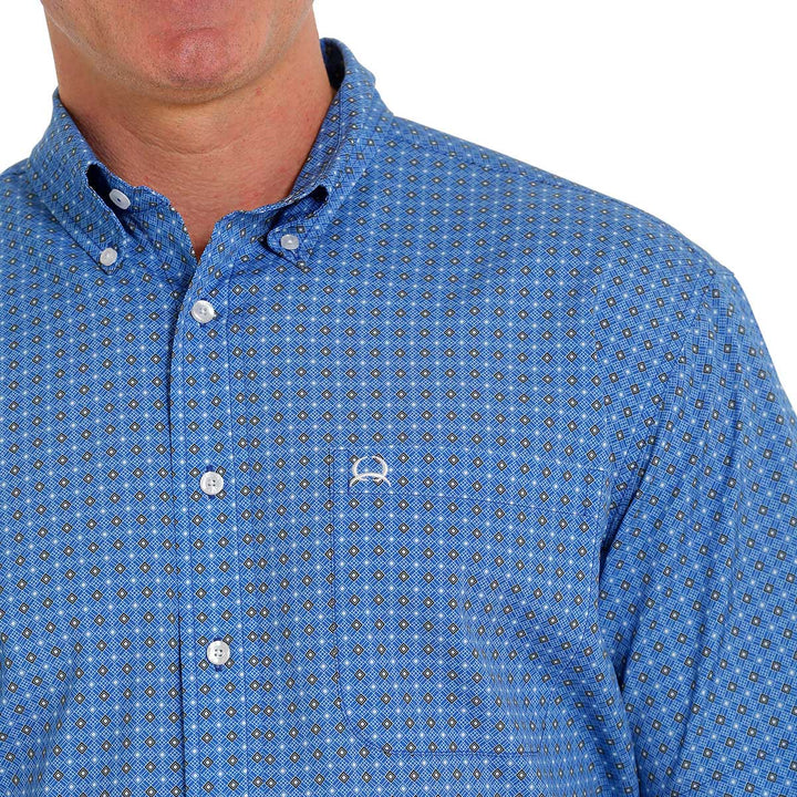 Cinch Men's Arena Flex Grey and White Geo Print Short Sleeve Shirt - Rich Cornflower Blue