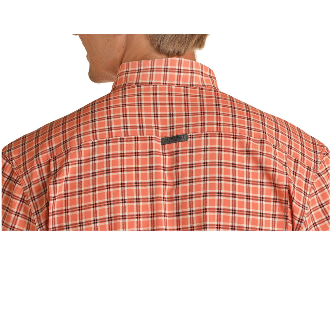 Panhandle Men's Button Down Performance Short Sleeve Shirt - Coral Plaid