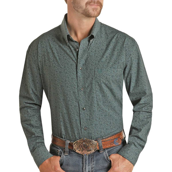 Rock & Roll Cowboy Men's Vintage '46 Button Down Long Sleeve Shirt - Teal