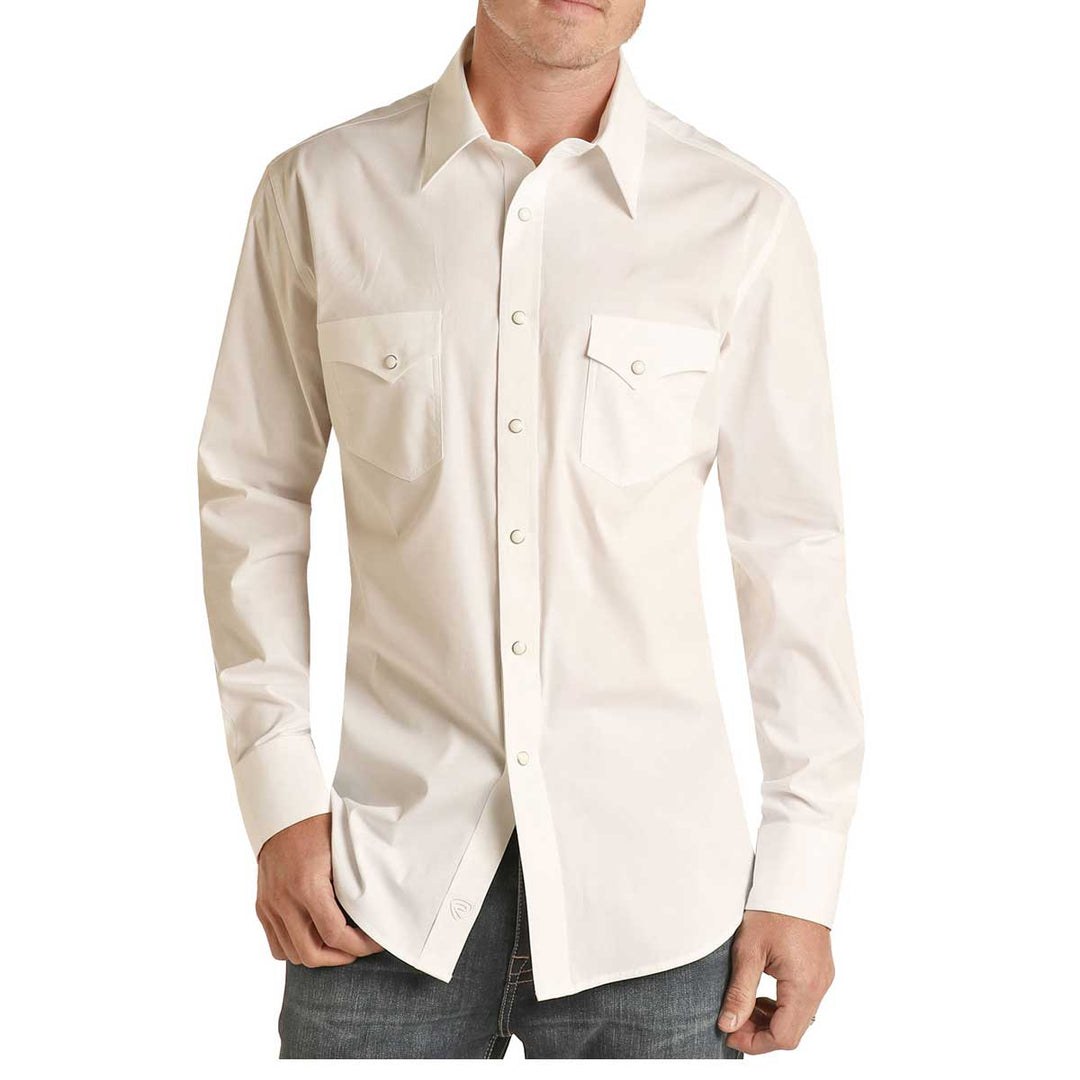 Rock & Roll Cowboy Men's Solid Stretch Poplin Long Sleeve Shirt - White